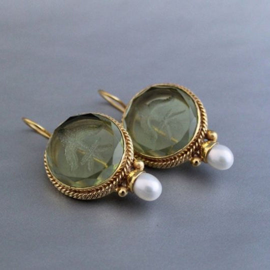 Vintageowe okrągłe zielone kamienie perły earrings