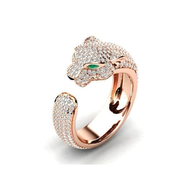 Regulowany Pierścień Jaguar z 18K Srebra i Różowego Złota z Zielonymi Zirconami na Oczach