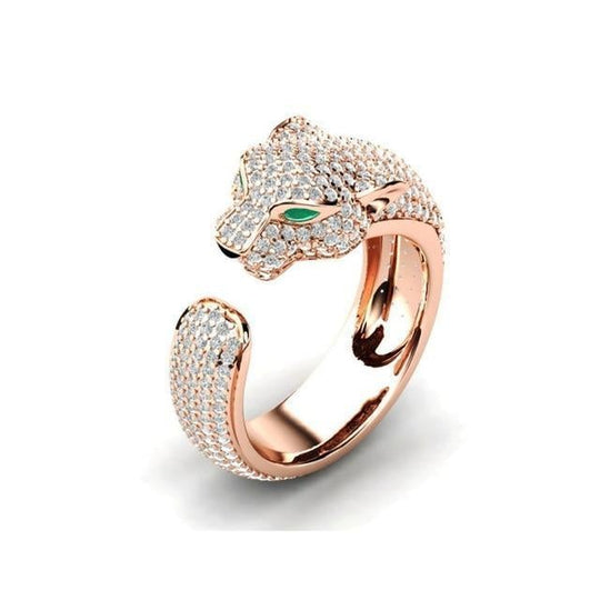 Regulowany Pierścień Jaguar z 18K Srebra i Różowego Złota z Zielonymi Zirconami na Oczach