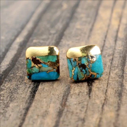 Tribal Blue Stone Złote Kolczyki