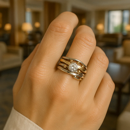 Royal - Pierścień z inkrustacją złotą i cyrkoniami vintage