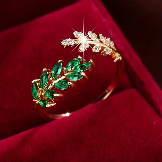 Zielony cyrkoniowy otwarty pierścionek z liściem